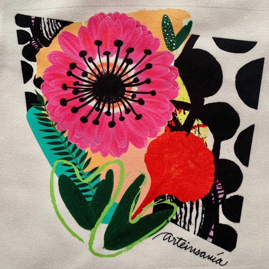 Bolso tropecio asa negra Collage - Gerbera rosada y ponciana con cartulina de lunares negros