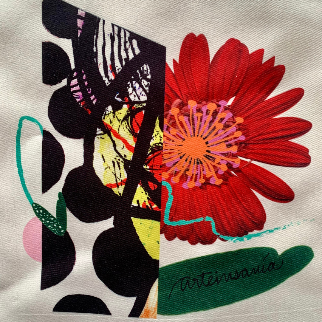 Bolso tropecio asa negra Collage - Gerbera roja con cartulina de lunares negros