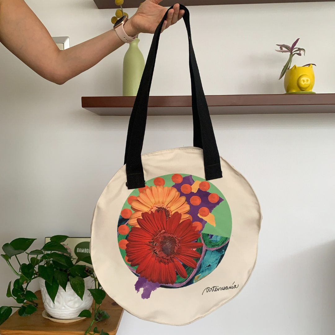 Bolso circular asa negra Collage - Gerbera roja y naranja en círculo verde