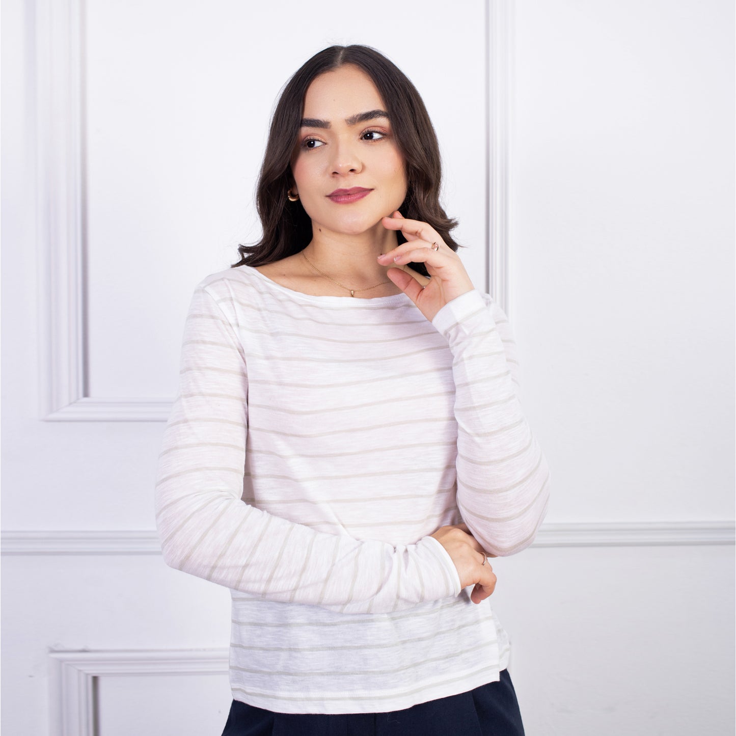 Polo Manga Larga Alison - Beige/Verde