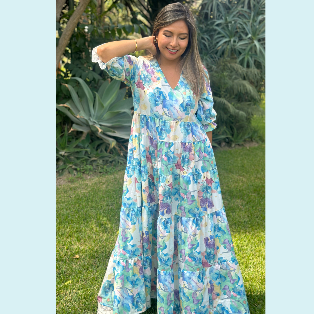 Vestido Gardenia - Estampado Acuerelado con base Blanca