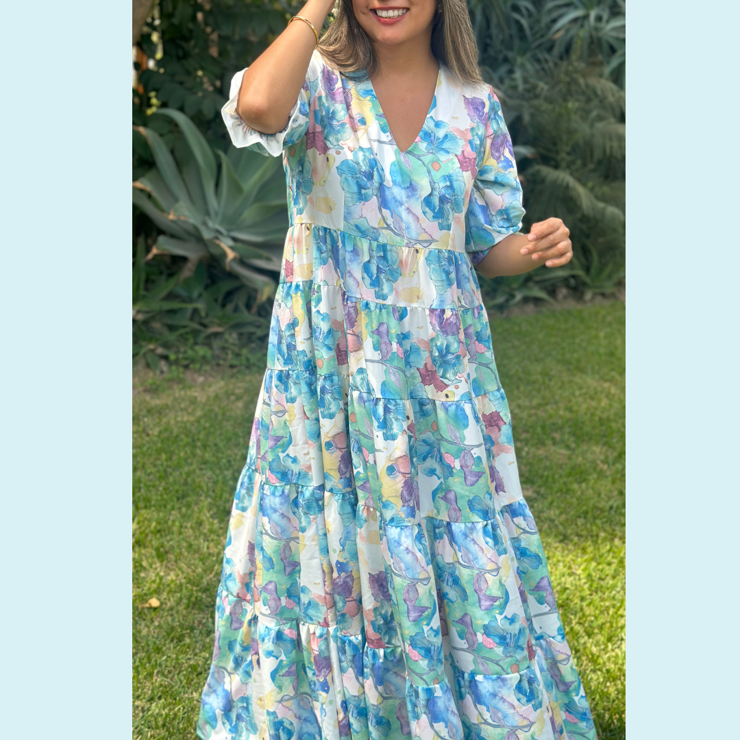 Vestido Gardenia - Estampado Acuerelado con base Blanca