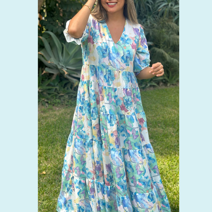 Vestido Gardenia - Estampado Acuerelado con base Blanca