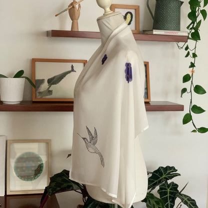 Pañuelo de gaza musselina blanca - Print floral y colibríes