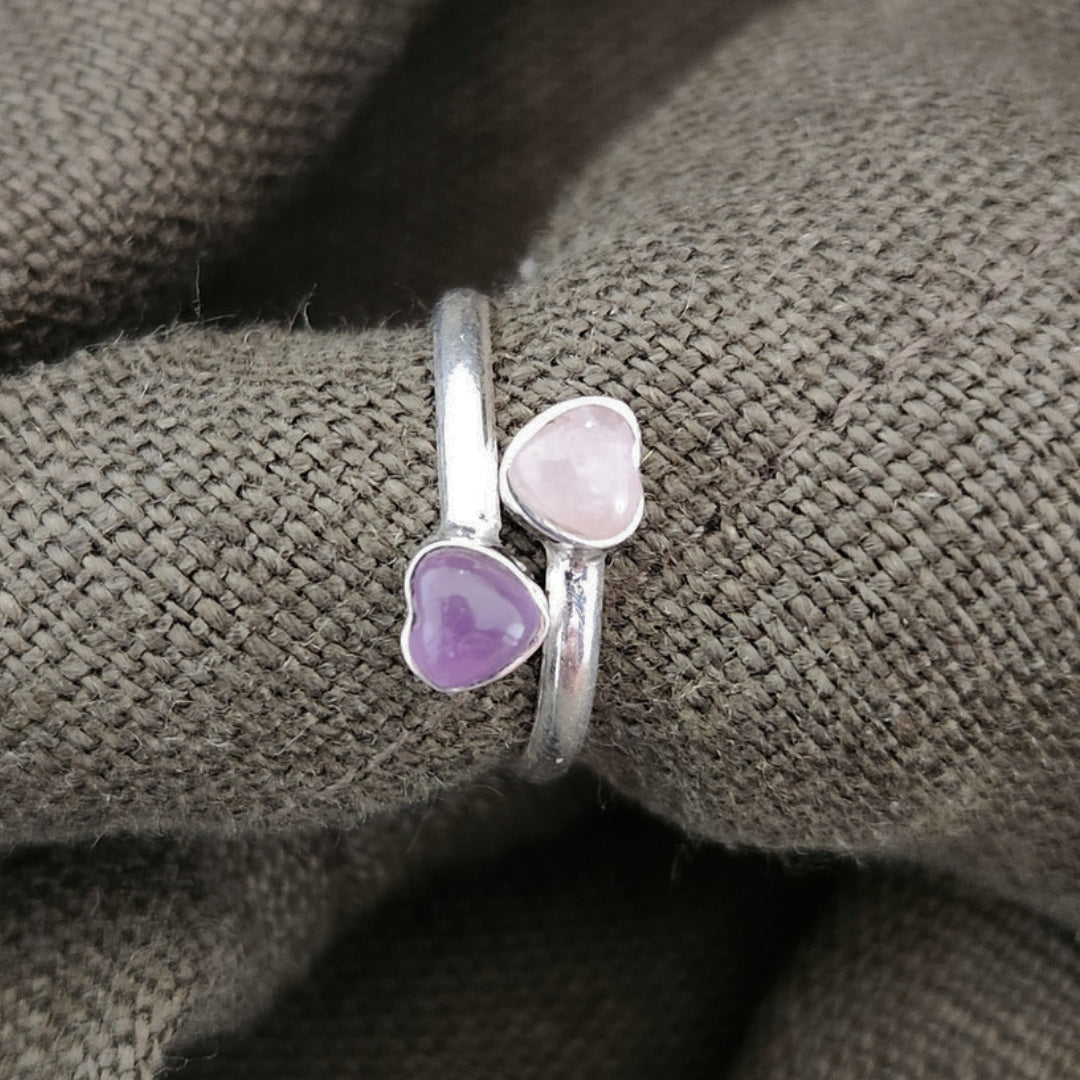 Anillo doble corazón - Cuarzo rosa con Amatista