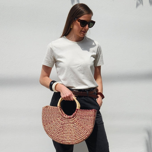 Cartera de junco Tahití - Natural con guinda