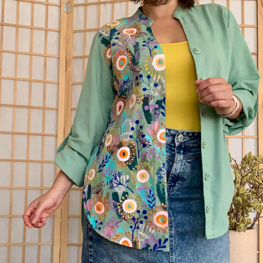 Camisa Bohemia verde cemento - Jardín Flores (pintado a mano)