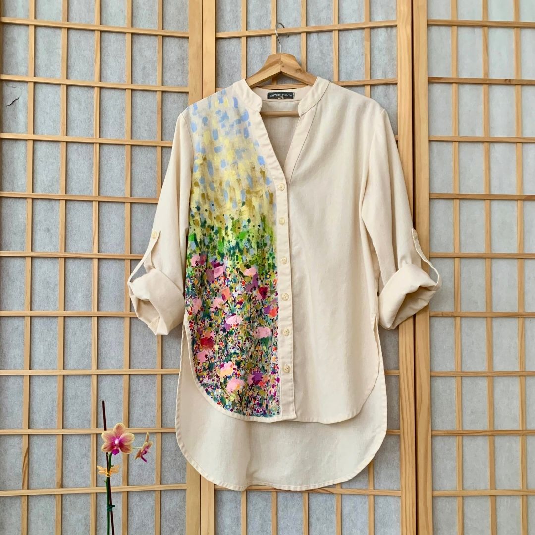 Camisa Bohemia lino vainilla (pintada a mano) - Modelo 1 - Aguacate Shop Perú