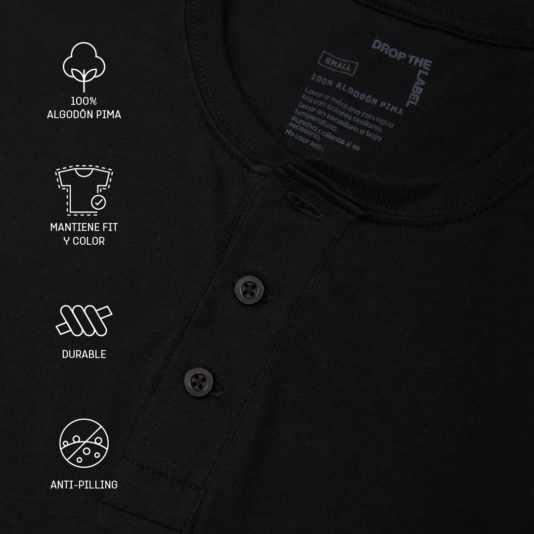 Henley Shirt | 3-Button Pima | Black - Aguacate Shop Perú