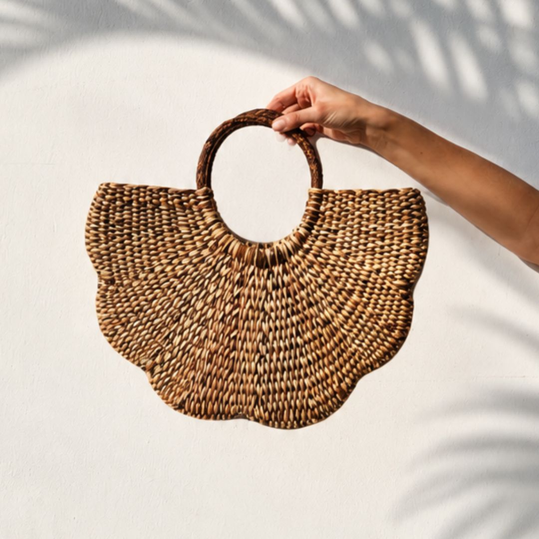 Cartera de junco Flor - Marrón con natural