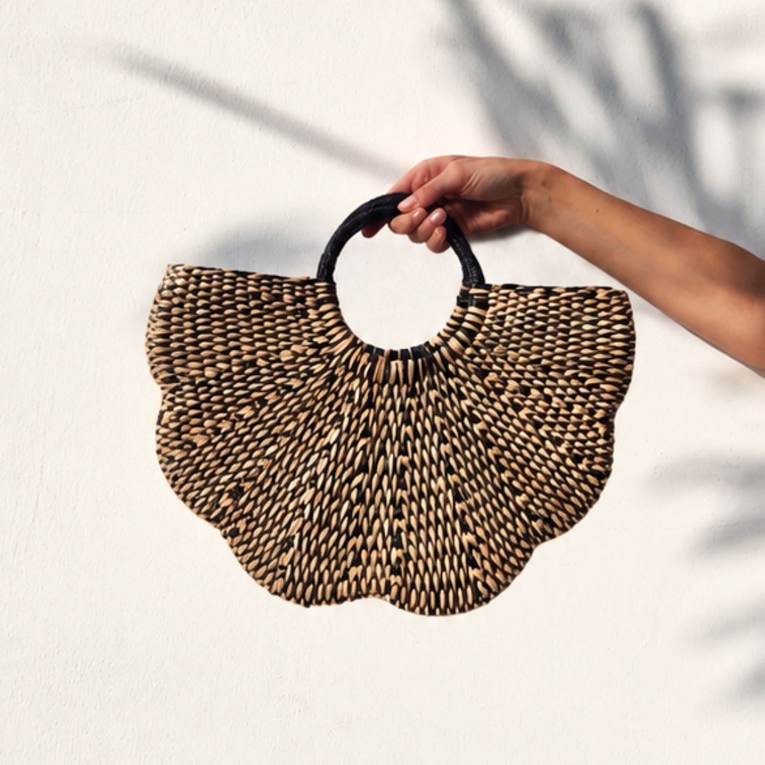Cartera de junco Flor - Negro con natural